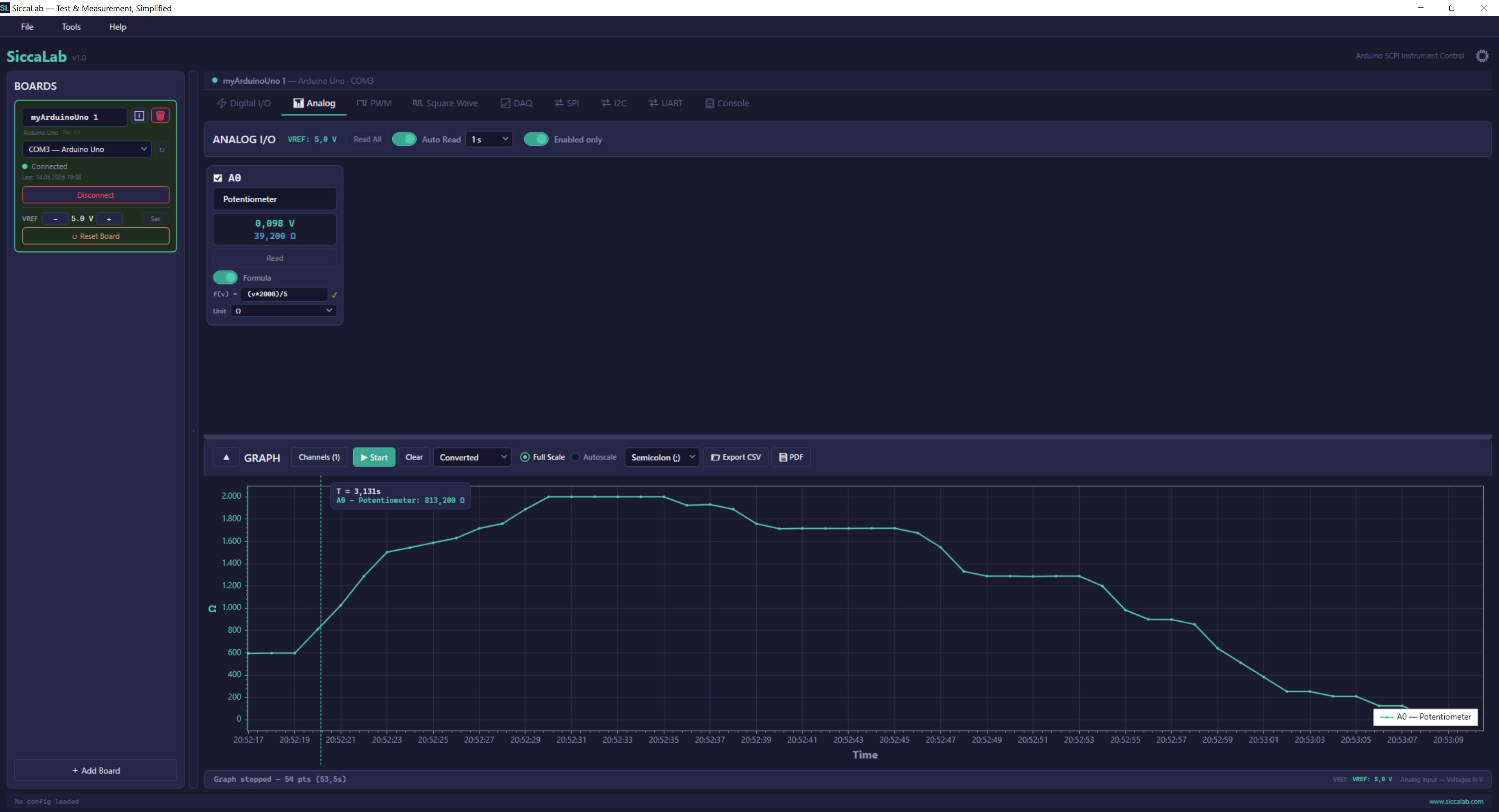 SiccaLab Analog Input panel screenshot